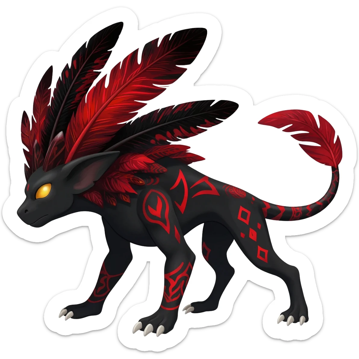 Rare black and red realistic dark edgy tropical tribal patterned feathery skeletal badass epic handsome gorgeous aesthetic colorful vibrant Vernid-Trico-species-Fakemon-creature by LiLaiRa, 4 legs, 1 tail, random markings, (full body) sticker