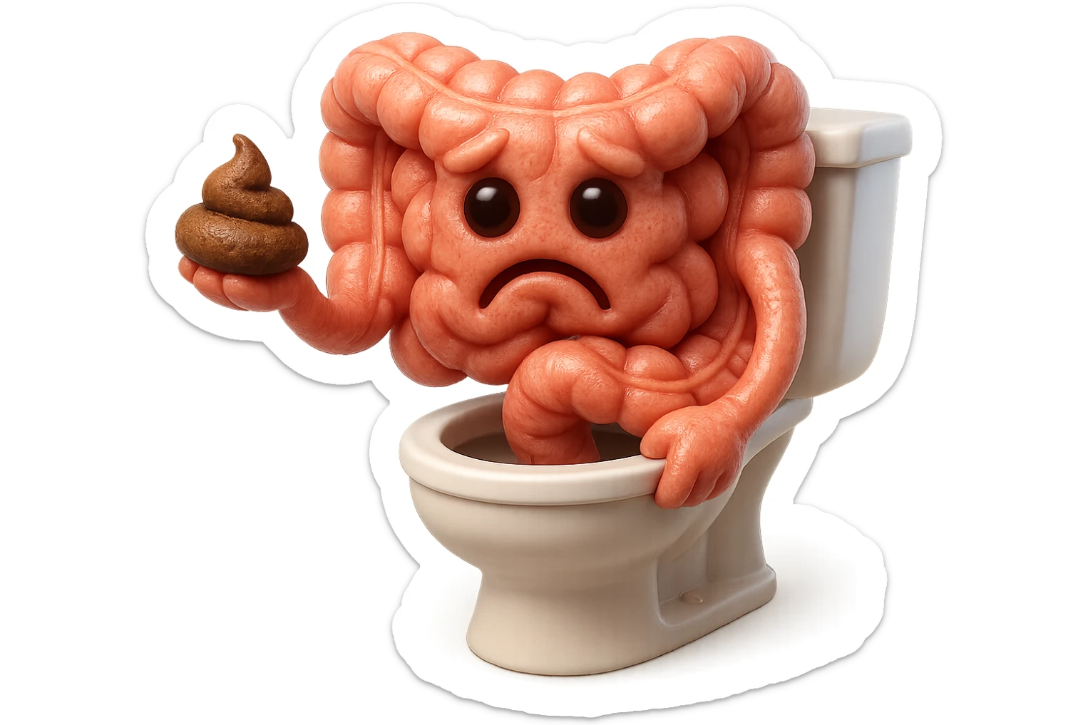 emoji stile iphone di un intestino realistico 3d che esce dal wc con in mano una montagnetta di feci con espressione triste a palline, iperrealistico 4k sticker