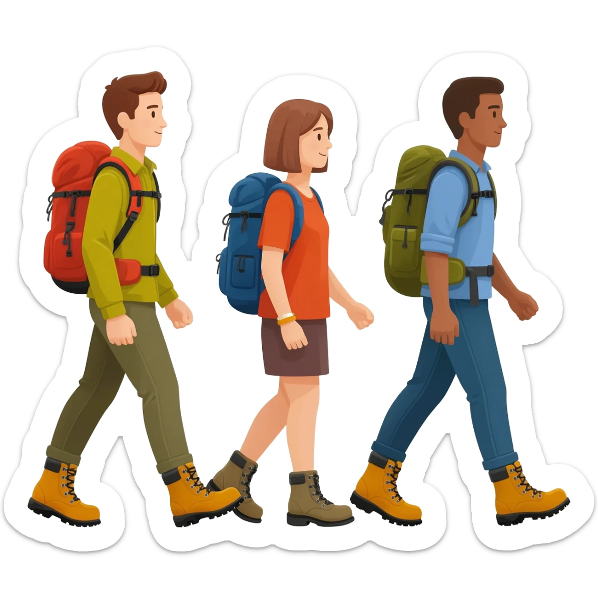 three startup team members walking from left to right with hiking boots and rucksacks to sticker