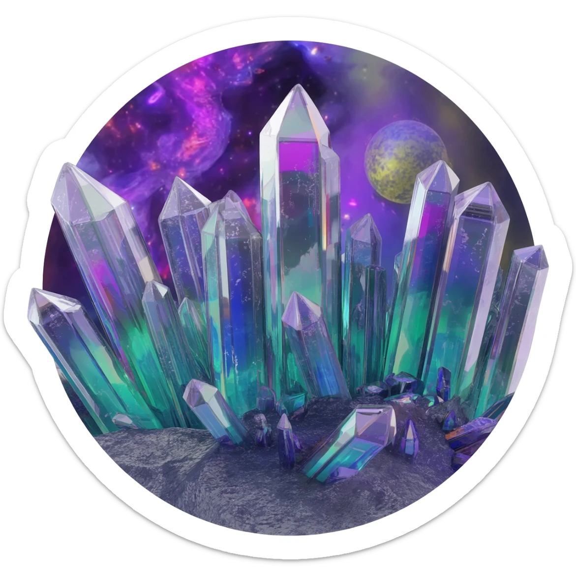 Epic rare complex iridescent crystallized extraterrestrial odd gloomy bioluminescent bizarre aesthetic-scenery sticker