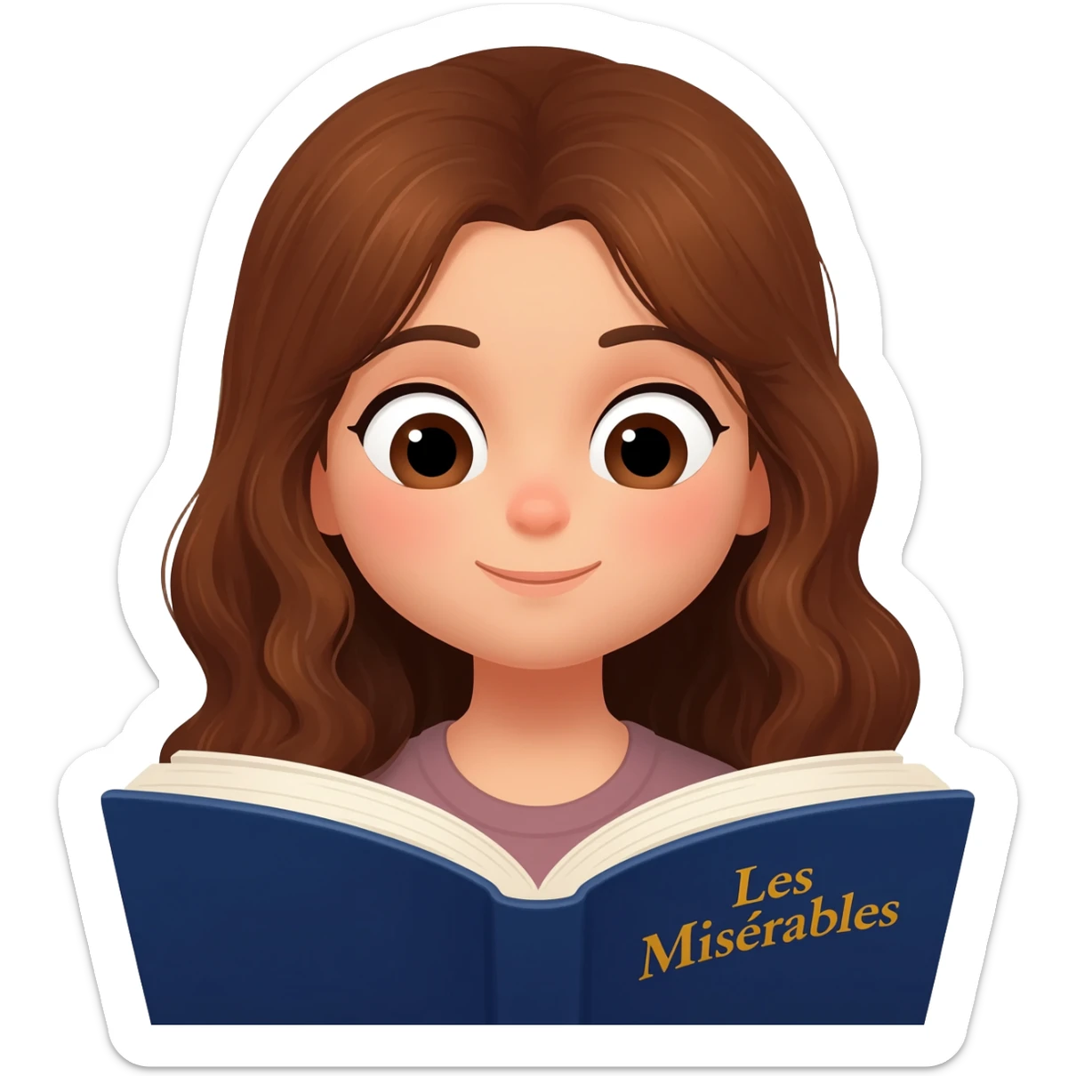 white happy long haired brunette girl reading Les mis sticker