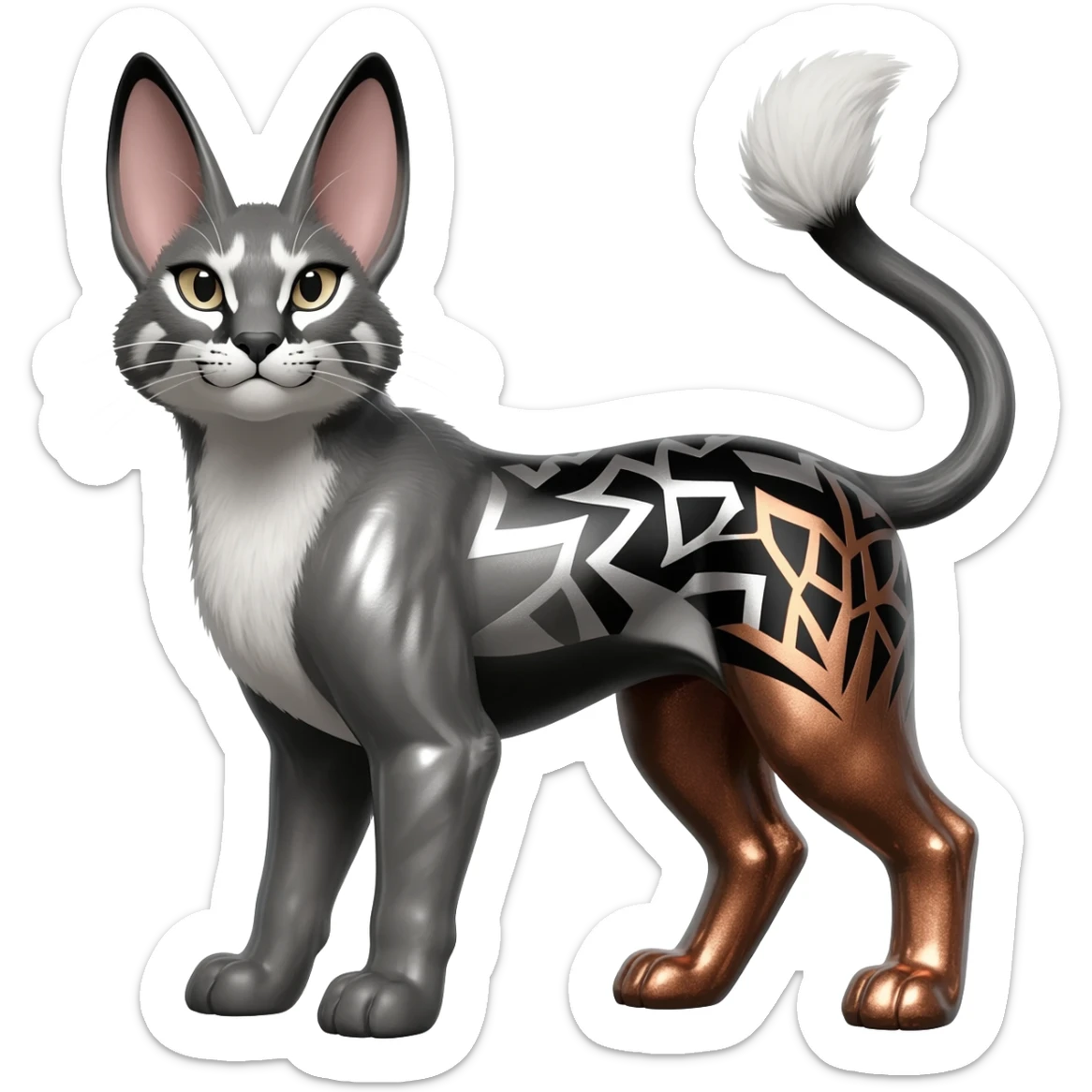 Realistic patterned marked edgy greyish blackish whitish silvery coppery Shiny Colorful Glossy Genet-Caracal-Lion-Bunny-Bobcat-fusion-animal-hybrid-creature, full body, big-tufted-bat-ears, long-thin-tufted-white-tipped-tail sticker