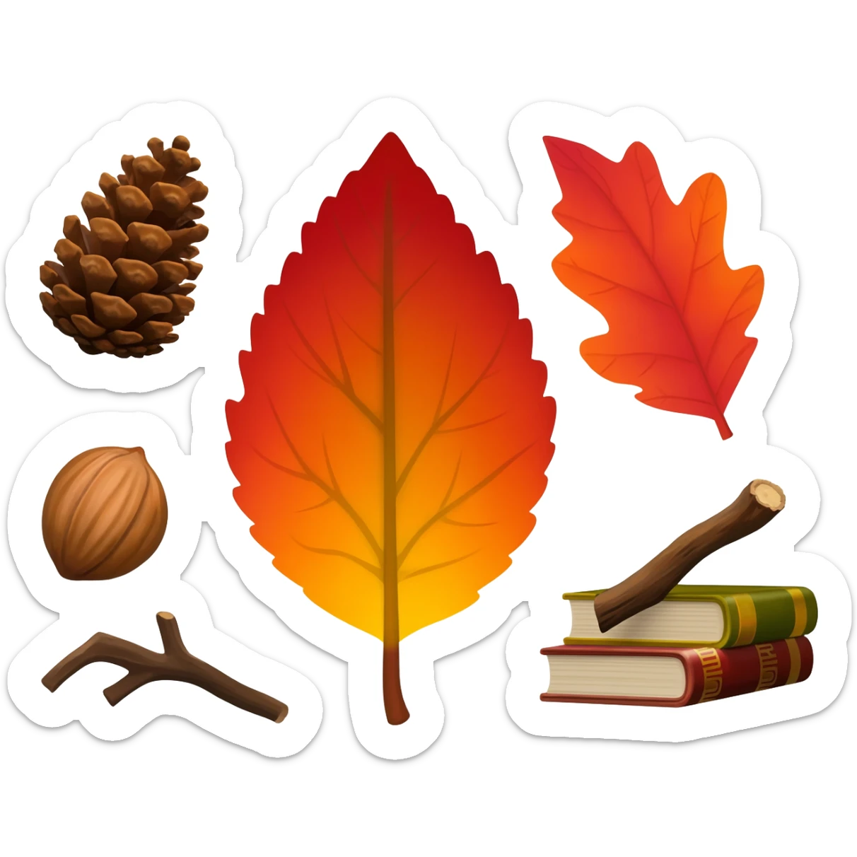 3 Red-orange-yellow-brown-gradients autumn leaves, pinecones, nuts, sticks, twigs, books sticker