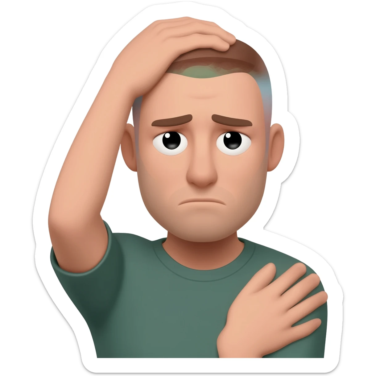 A man who is depressed with his left arm draped over the top of his head so the inside of his left elbow is on the very top of his head where hair grows from and his left hand is touching his right shoulder sticker