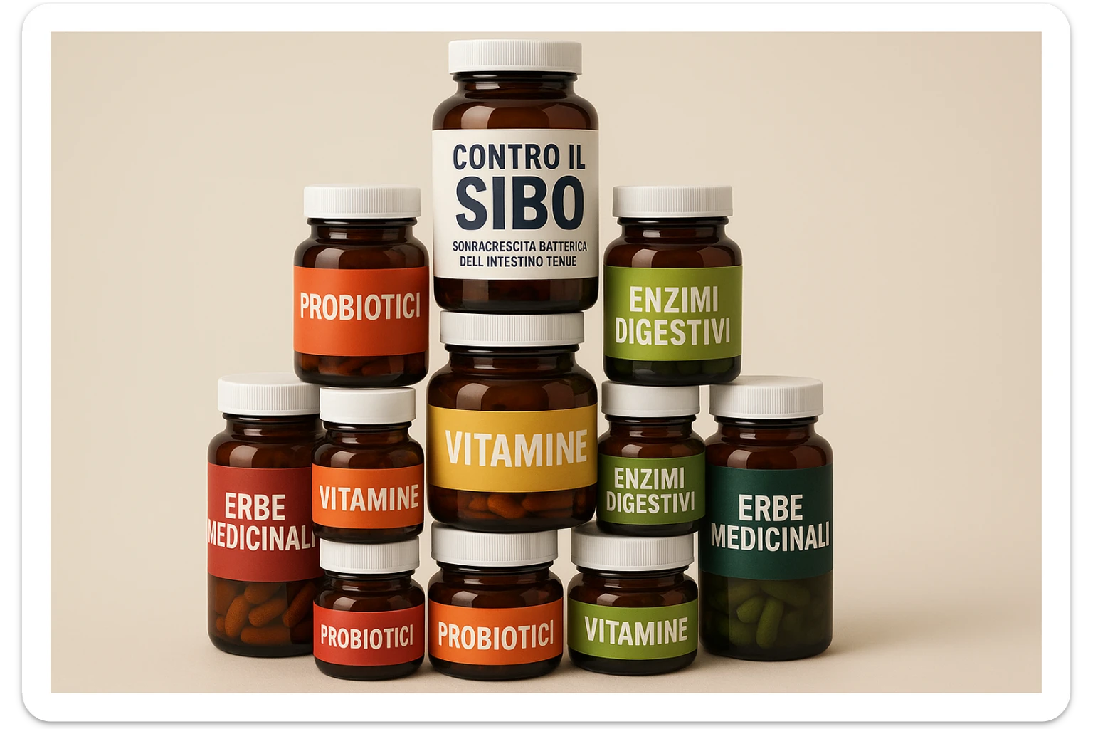 montagna di barattoli di integratori contro la SIBO con etichette in italiano sticker