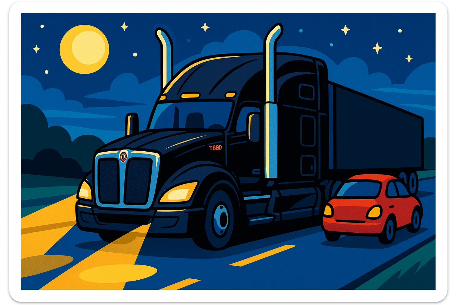 2026 Black Kenworth T680 Sleeper semi truck with tall chrome muffler stacks, headlights on, driving down a road with a car in front, vibrant cartoon style, night scene sticker