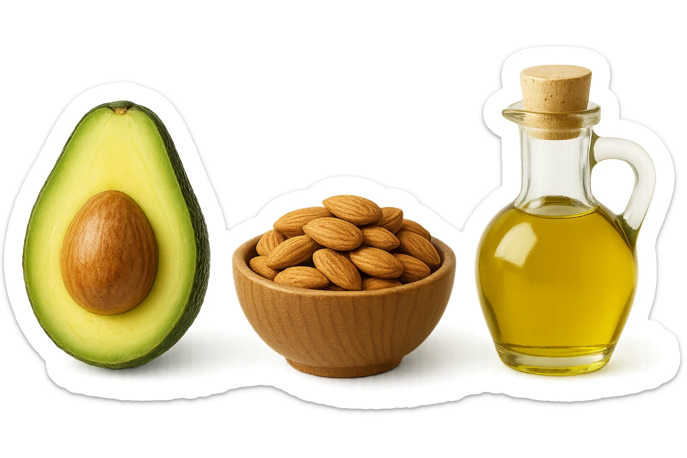 AVOCADO, BOWL DI MANDORLE E OLIO DI OLIVA, iperrealistico 4k, ISOLATA SU SFONDO BIANCO sticker