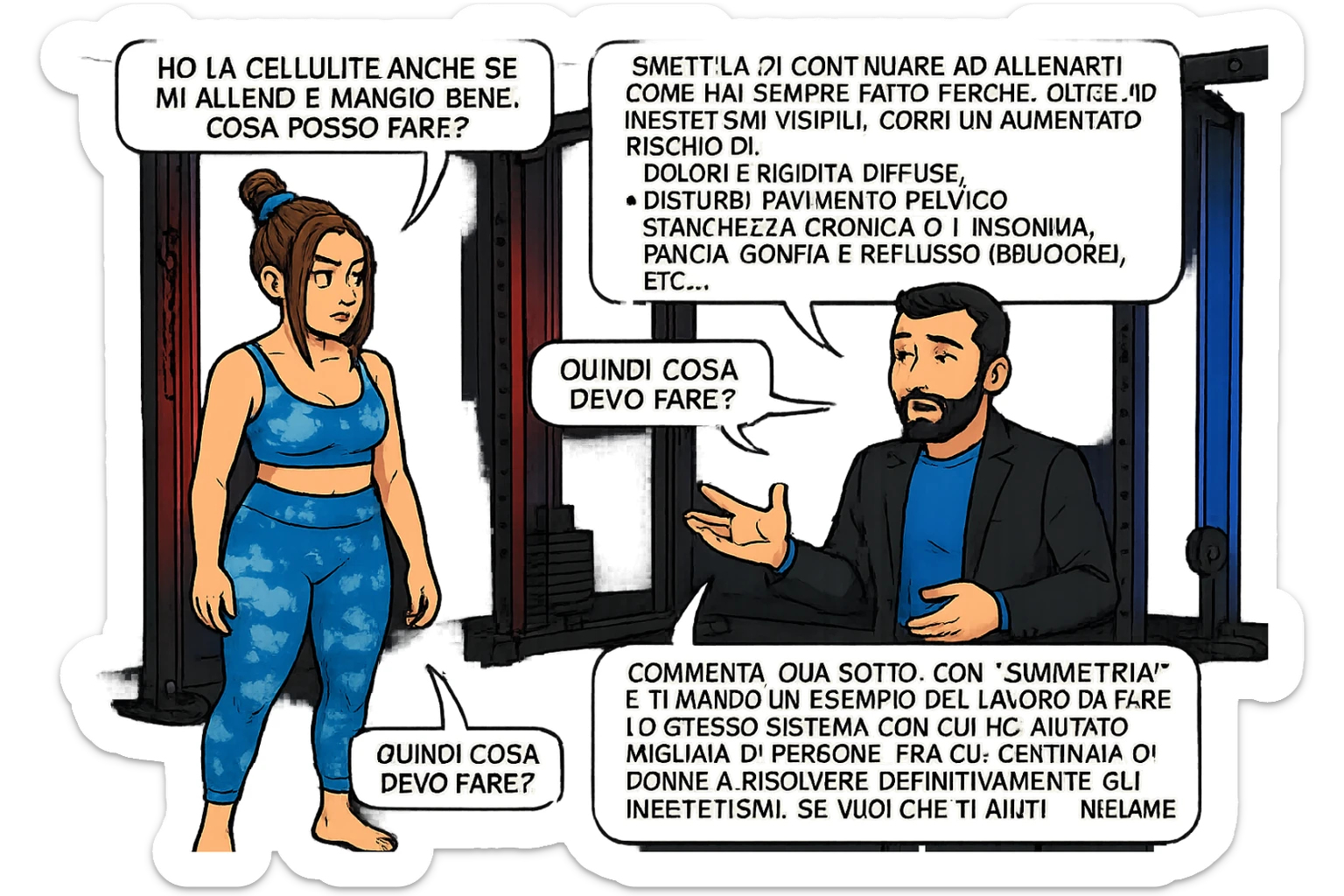 TRASFORMA QUESTO CAROSELLO IN UN FUMETTO CON QUESTE DUE PERSONE IDENTICHE CHE INTERLOQUISCONO TRA LORO:

Ho la cellulite anche se mi alleno e mangio bene, cosa posso fare?

Hai controllato il tuo baricentro corporeo?
Sapevi che se il peso del tuo corpo cade in avanti o da un lato, c’è un disallineamento fra bacino e torace, che comprimendo le coste, limita la motilità del diaframma e l’ossigenazione dei tessuti?
Il mio è il primo e unico percorso che lavora sugli inestetismi con un lavoro mirato sul baricentro corporeo.

Smettila di continuare ad allenarti come hai sempre fatto perché, oltre ad inestetismi visibili, corri un aumentato rischio di:
    • dolori e rigidità diffuse
    • disturbi pavimento pelvico
    • stanchezza cronica o insonnia
    • pancia gonfia e reflusso (bruciore)
    • etc…


Quindi cosa devo fare?
Commenta, qua sotto, con “simmetria” e ti mando un esempio del lavoro da fare. Lo stesso sistema con cui ho aiutato migliaia di persone, fra cui centinaia di donne a risolvere definitivamente gli inestetismi.
Metterei il prima e dopo

Se vuoi che ti aiuti personalmente
SCRIVIMI IN DIRECT sticker