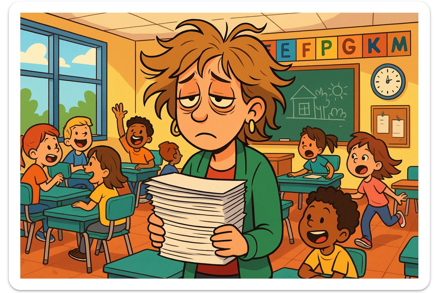 digital cartoon art of a exhausted teacher in a bustling classroom sticker