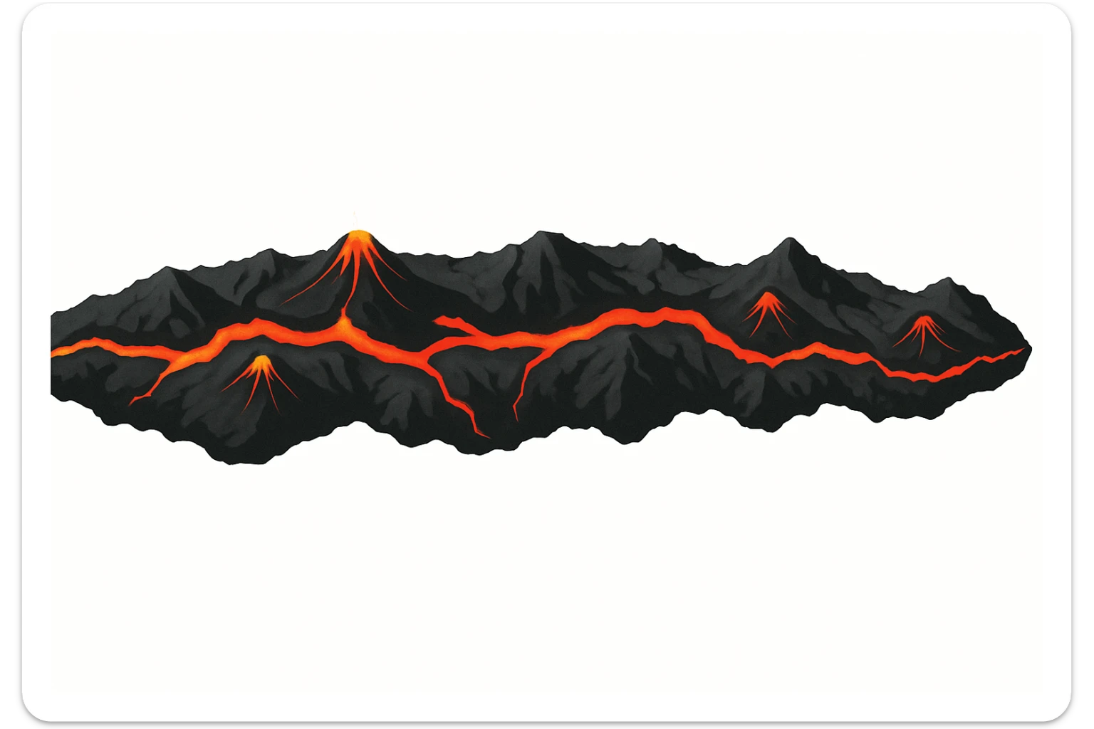 Top-down orthographic view (strictly from above) of a volcanic mountain belt strip designed as a map overlay. A long curved ridge line made of dark rocky mountains, with several small volcano cones along the strip. Bright red-orange lava cracks and glowing magma seams running through the ridge, symbolizing a tectonic plate boundary and magma being pushed upward. Clean infographic style, sharp silhouette, high contrast, minimal details, no perspective, no depth tilt, no horizon. Isolated single object centered on a pure white background (#FFFFFF). No text, no labels, no watermark. 4K, wide horizontal banner composition. sticker