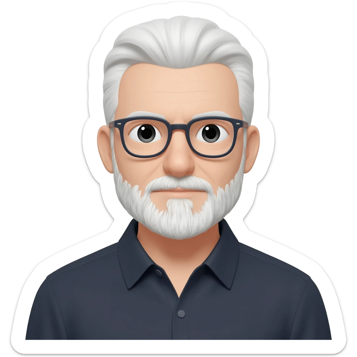 white guy with white hair and beard dark rimmed glasses dark shirt sticker