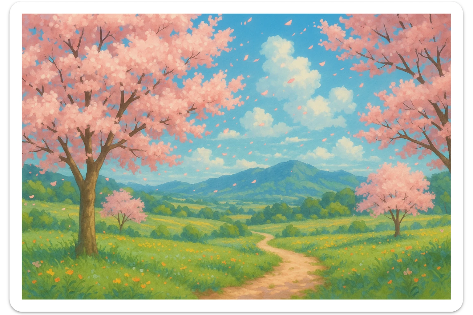 spring in ghibli style, cherry blossoms, gentle breeze, vibrant colors, detailed landscapes sticker