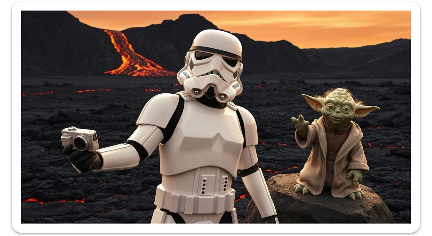 Starwars stormtroopers vlogging selfie, he is walking on lava planet with yoda sticker