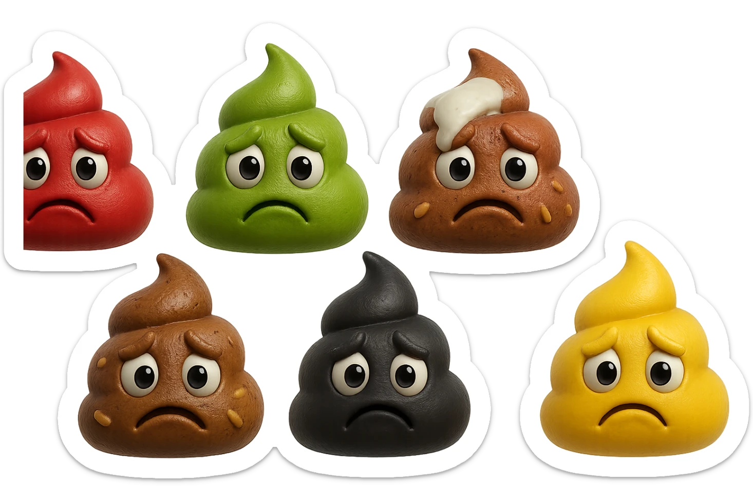 emoji stile iphone 3d di una cacca di colore rosso, una cacca di colore verde, una cacca di colore marrone con muco bianco visibile sopra,  una cacca di colore marrone con penne di pasta a pezzetti visibili all'interno di essa,  una cacca di colore nero e una cacca di colore giallo, tutte le cacche hanno un espressione triste, iperrealistiche 4k sticker