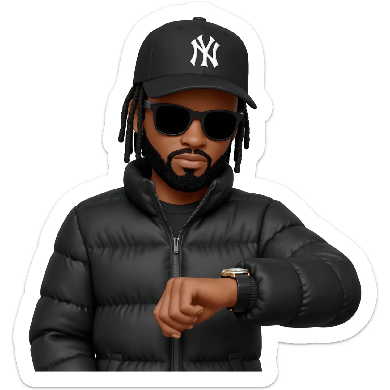 African American man with shoulder length black dreadlocks with black beard wearing black sunglasses wearing a black New York Yankees logo baseball cap wearing a black bubble winter coat wearing a wrist watch looking at the time on his wrist watch sticker