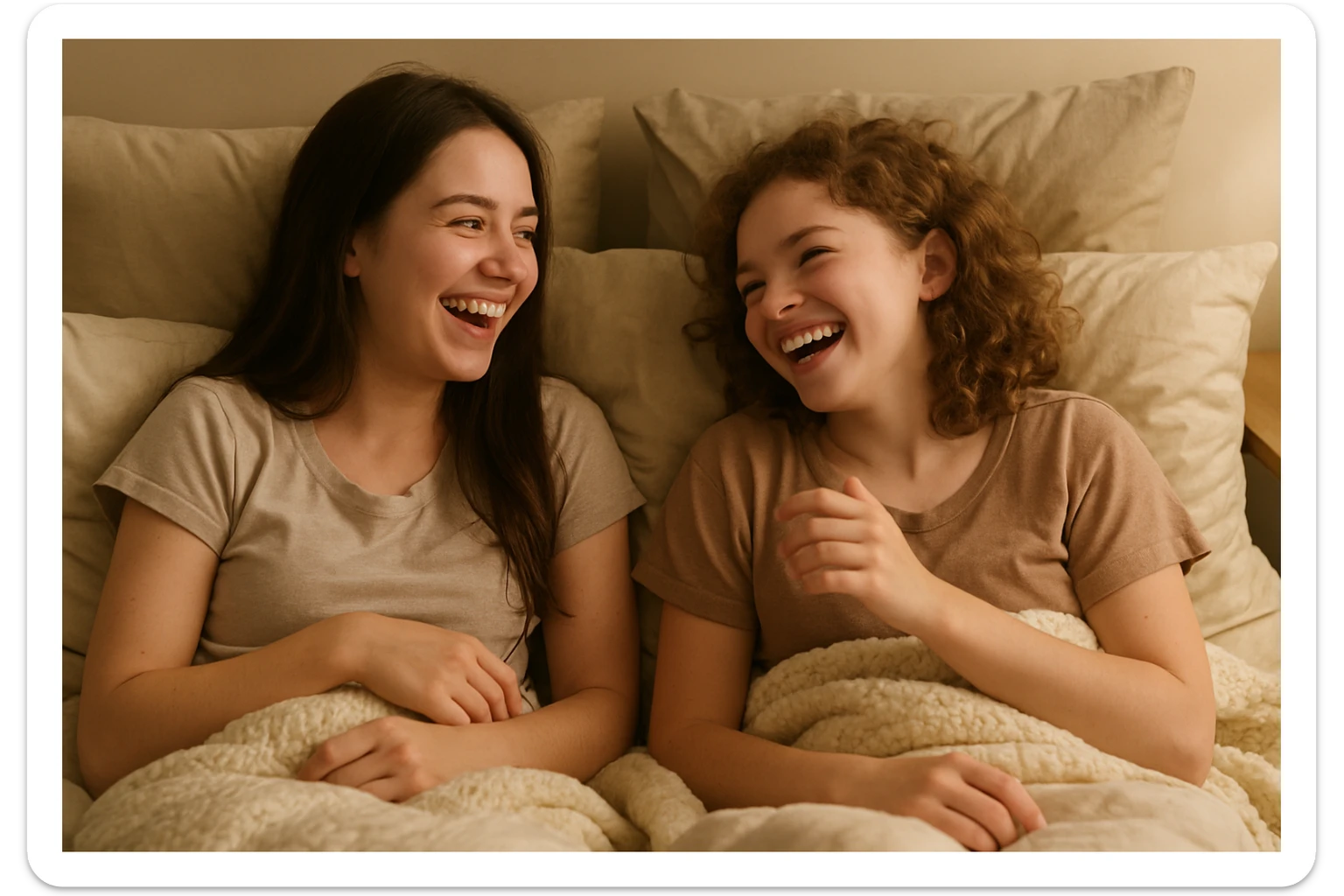 two girls in bed, laughing and talking, playful, pillows and blankets, relaxed vibe sticker