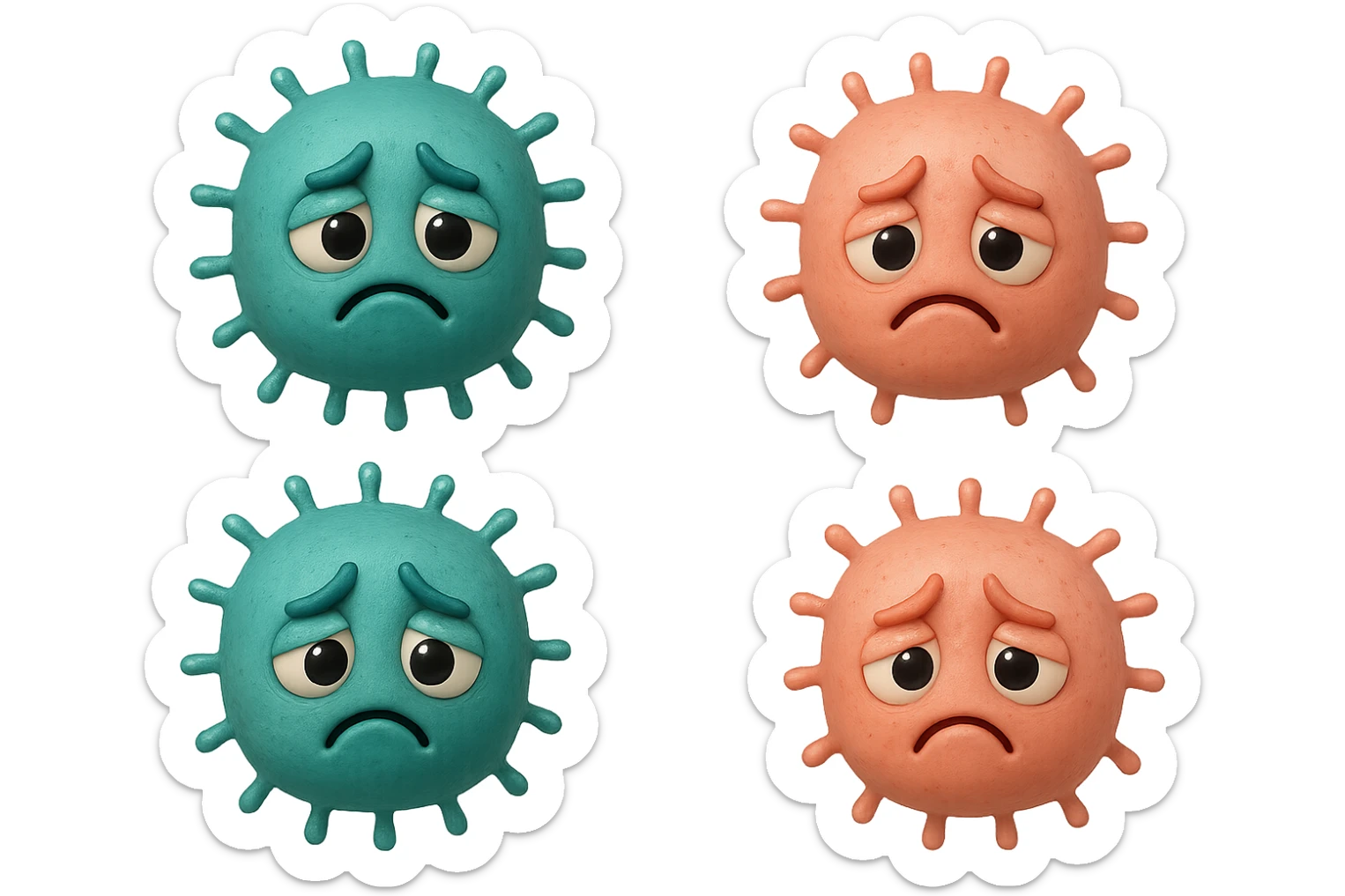 EMOJI STILE IPHONE DI 3 BATTERI INTESTINALI turchesi tristi e 3 batteri intestinali rosa salmone tristi CHE FLUTTUANO IN ARIA IPERREALISTICO 4K sticker