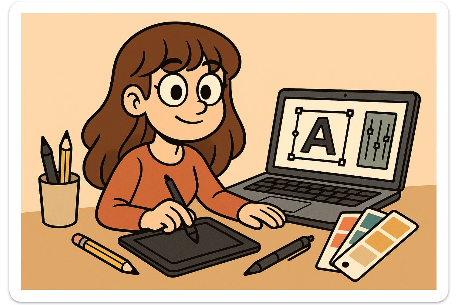 a girl graphic designer with long brown hair and bangs, brown eyes, surrounded by design tools, flat toon style sticker