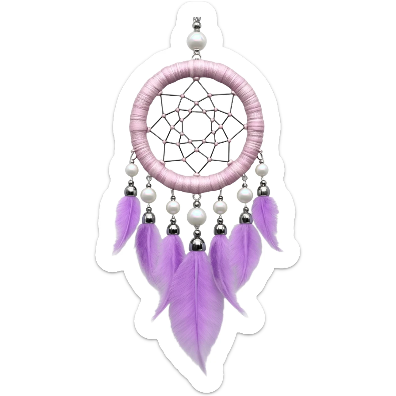 Iridescent Pastel white-pink-Violet-purple lavender dreamcatcher, white bead pearls, silver accents, rose metal  sticker