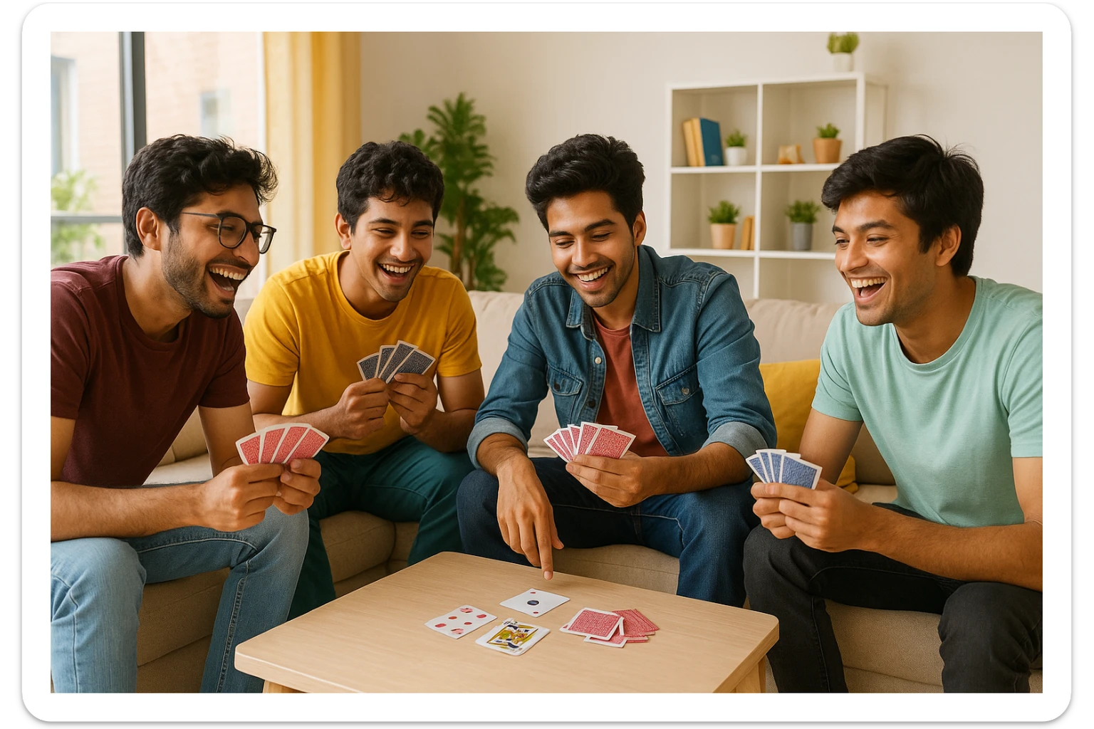 Indian college boys, four friends, playing tash (cards) together, cheerful, casual outfits, energetic, youthful environment sticker