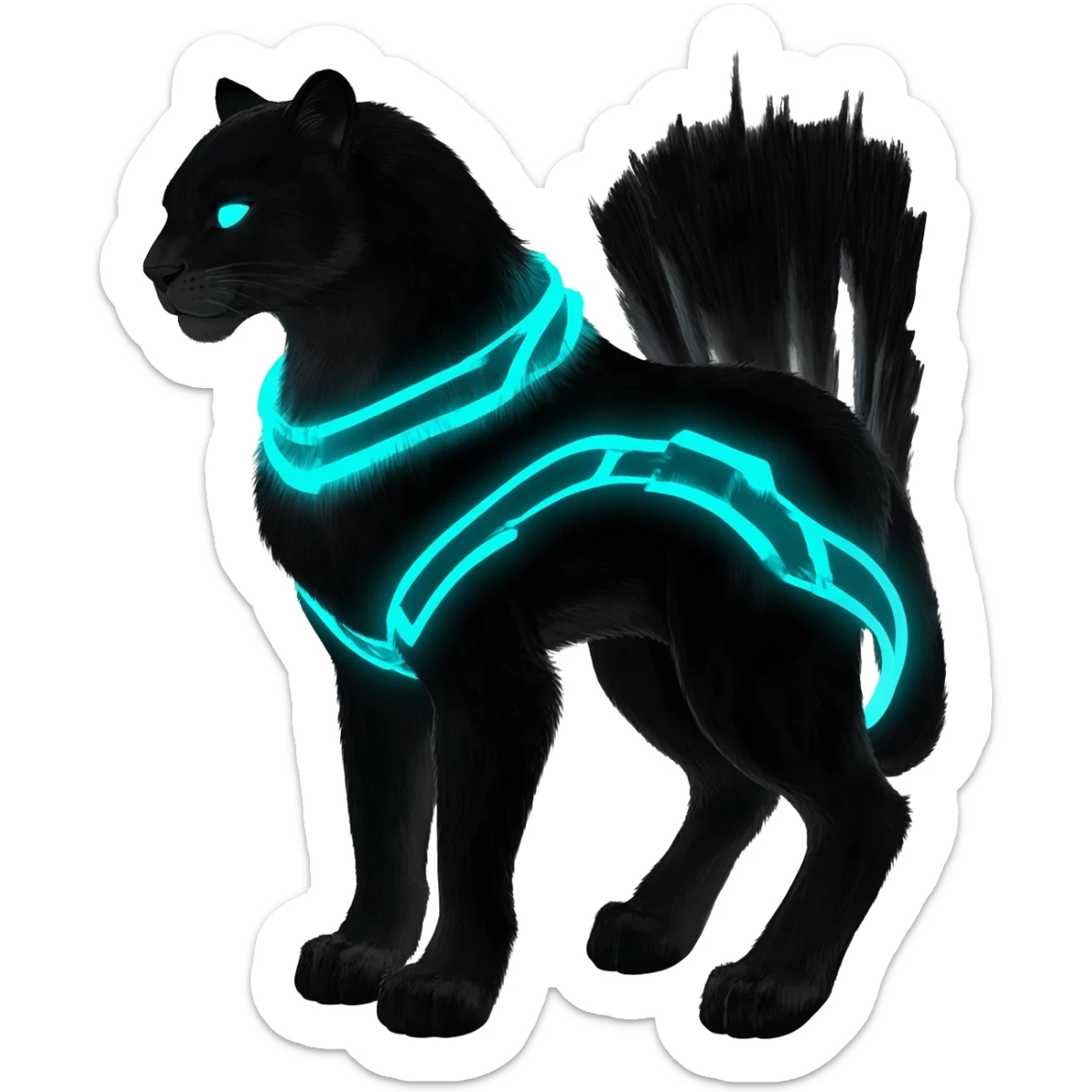 Obsidian-black fur body with bioluminescent neon glowing blue ring-markings Grem2-Gremz-Cheetah-Sergal-fusion, full body  sticker