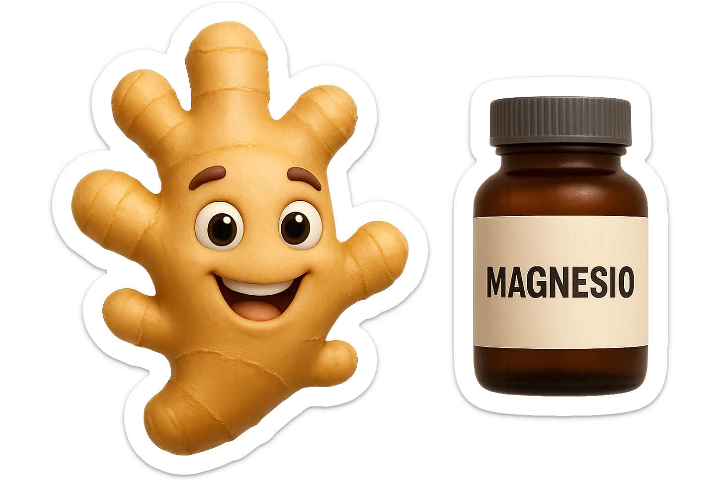 emoji stile iphone 3d di un pezzetto di zenzero e una boccetta di magnesio con la scritta "MAGNESIO" SULL'ETICHETTA CHE FLUTTUANO IN ARIA, iperrealistico 4k sticker