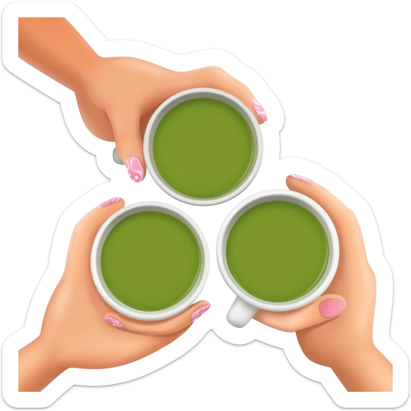 3 womens hands with nice nails holding matcha drinks together sticker