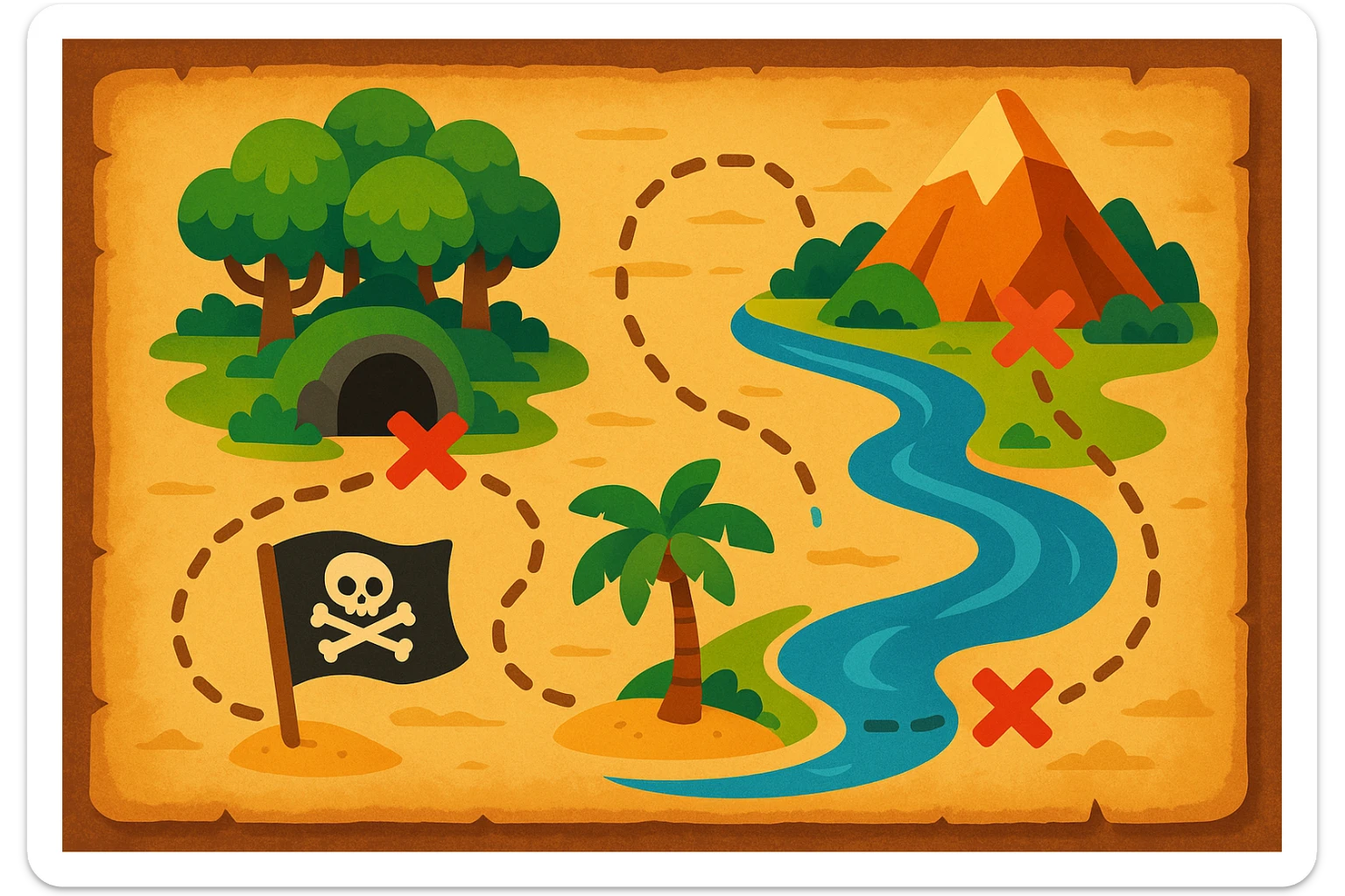 A fantasy treasure island map in Disney style, with a soft pirate theme, not scary, colorful and warm. The map shows 4 locations: a forest with trees, a dark cave, a tall mountain, and a river. Each location has an "X" mark. There are dotted paths leading to each "X". The map has an old parchment texture. No text labels, only clear visual icons. Beautiful detailed illustration, high quality, vibrant toon style. sticker