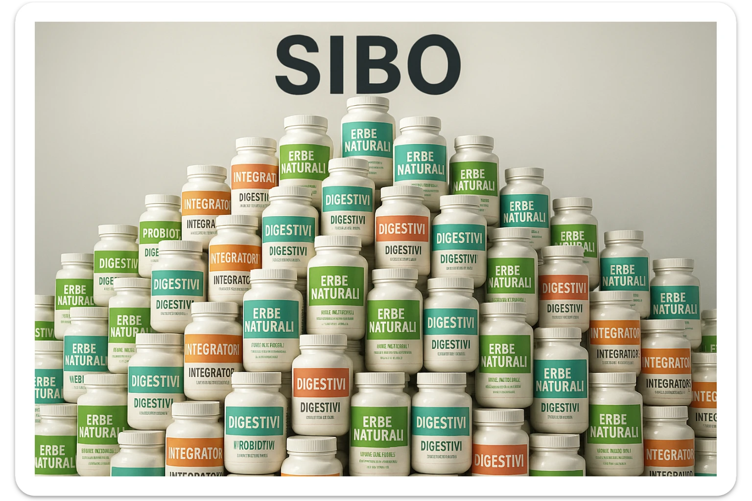 montagna di barattoli di integratori contro la SIBO con etichette in italiano sticker