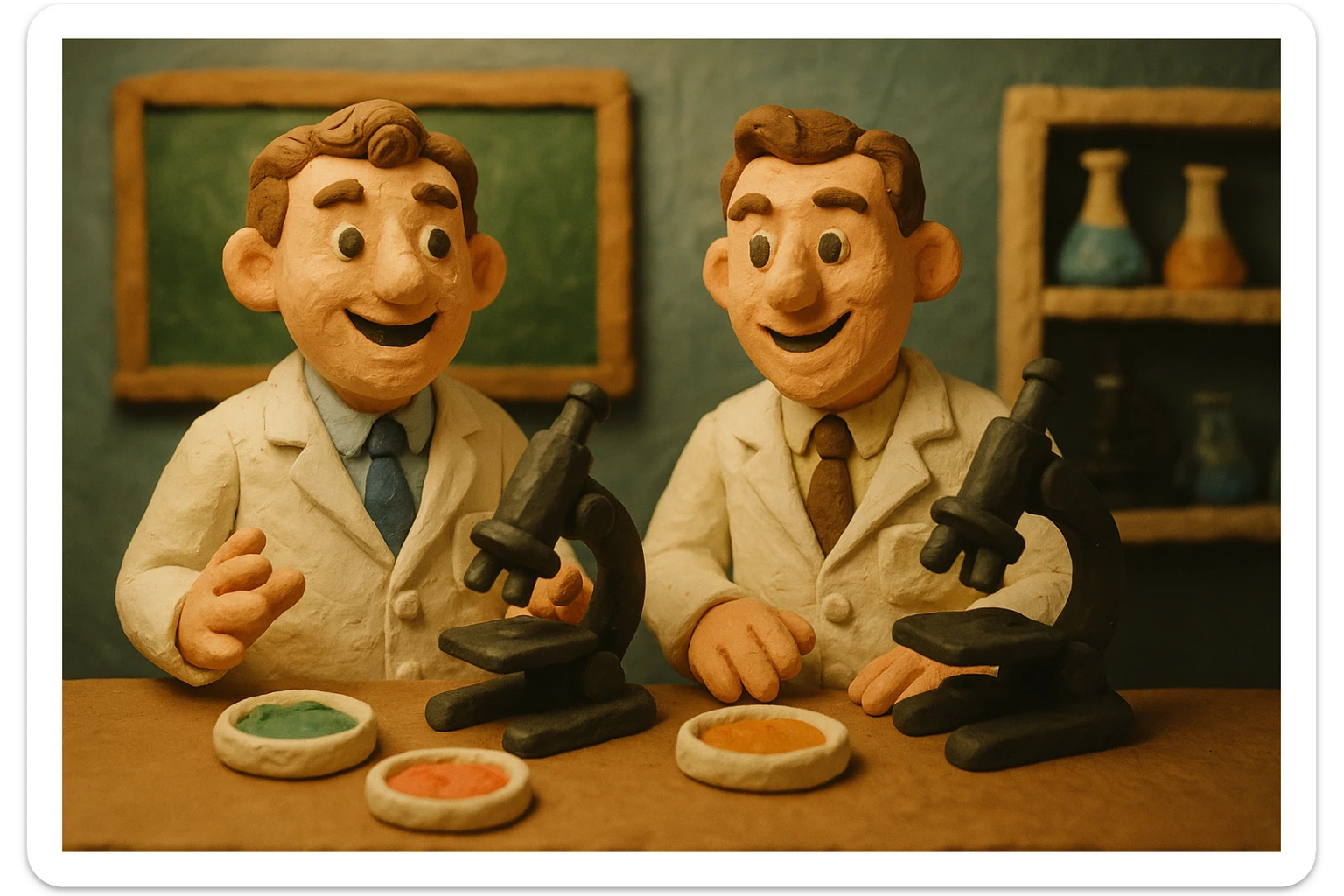 Two happy 1940s male scientists wearing white lab coats over a suite in their science laboratory full of microscopes and petri dishes. sticker