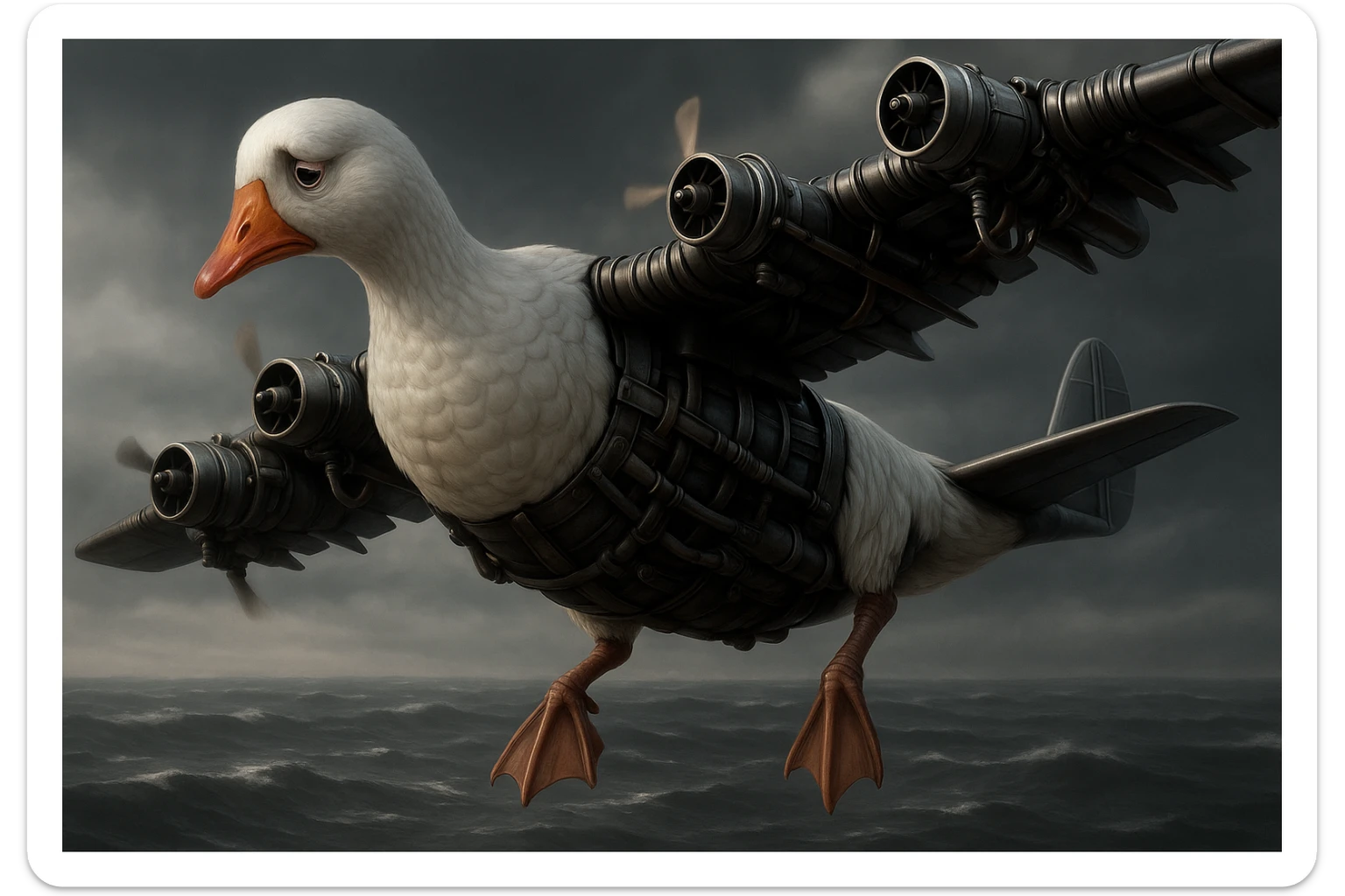 Change the expression of the goose-plane creature to sad, keeping all other details and colors the same, in a style consistent with the original image. sticker