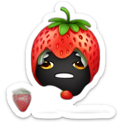 a human with a strawberry head with eyes ect sitting in front of a laptop, wearing a balaclava and looking mischievous. sticker