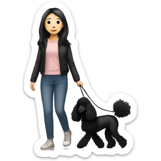 One Korean girl with black long straight hair with one medium black poodle is walking. sticker
