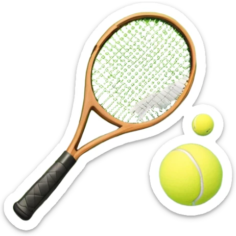 A tennis racket and ball placed on the grass court, with the lines of the court clearly visible in the background. The scene captures the essence of the sport, highlighting the equipment and the vibrant, open atmosphere of a tennis match sticker