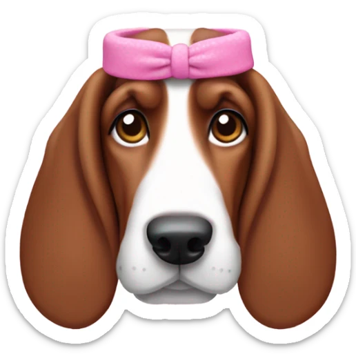 Brown Basset hound dog wearing a bubbly, pink headband sticker