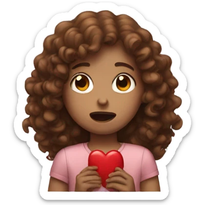 Girl with brown curly hair crying and holding a red heart sticker