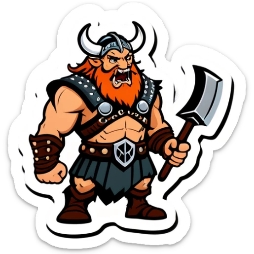 vikingo, con cuerno de vaca, pelo negro ondulado, de pie, grito de guerra en torre de Asgard. sticker
