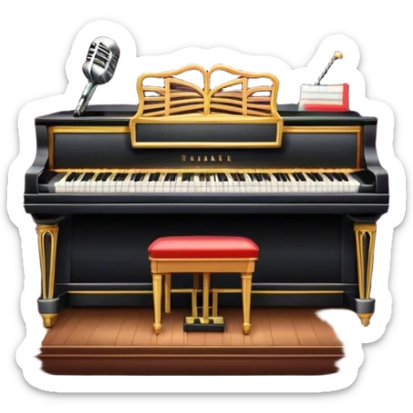 Emoji of the American musical: a retro stage with neon lights, a classic microphone on stage, vintage piano, musical notes, vintage theater curtains, and Broadway-style elements. Avoid focusing solely on the piano. Transparent background. sticker