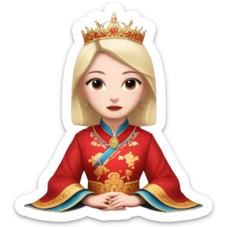 background is UK queen sitting in a Imperial Chinese palace building with red walls, golden roof decorations sticker