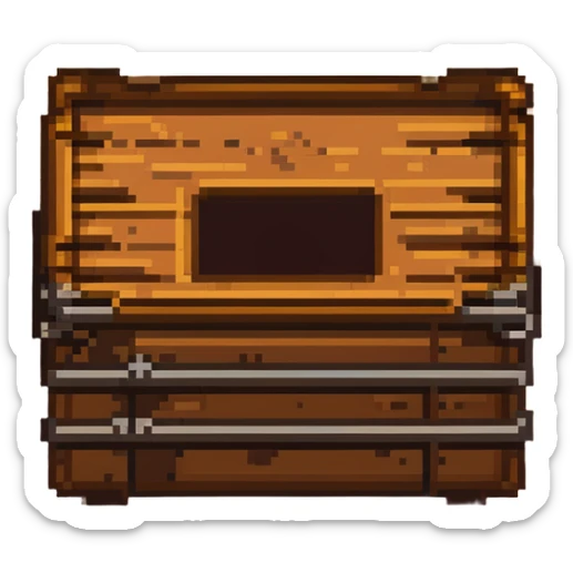 Flat 2D wooden crate with metal reinforcements, color #c2410c with darker wood grain, visible wood grain texture, metal bands across the crate, no perspective, flat 2D appearance, breakable look, simple warning symbol, 32x32 pixels sticker