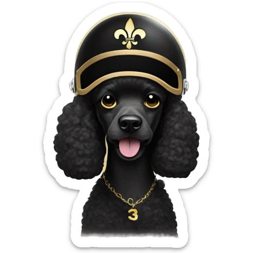 Black poodle wearing a gold football helmet with black stripe and gold fleur de lis emblem sticker