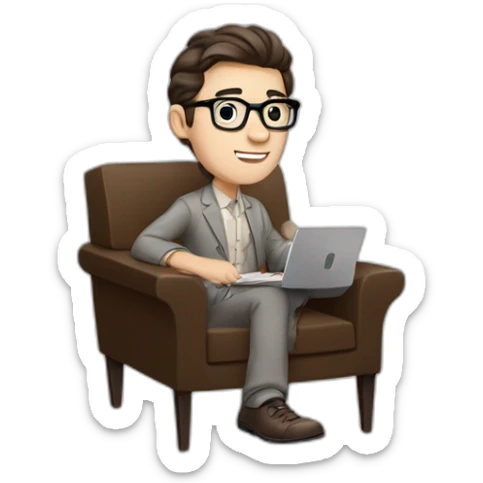 Pale skinned Fit Man With dark brown hair in gray jacket, beige office shirt, Brown pants and vintage glasses sitting In a soft chair with a notebook with emblem Ψ and a pen in his hands sticker
