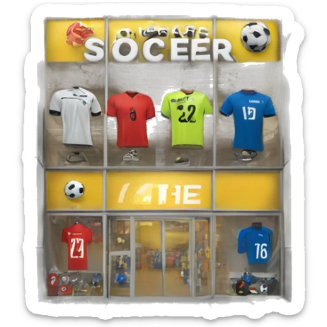 “Soccer store exterior with bold signage, large windows showcasing football gear, jerseys, and accessories, and a dynamic, athletic design reflecting the energy of the sport.” sticker