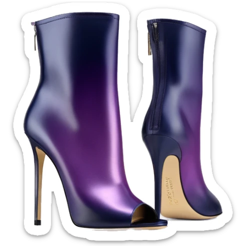 Real isolated top view of a pair of metallic dark navy to dark purple ombre Jimmy Choo stiletto peep toe ankle bootie boots.  sticker