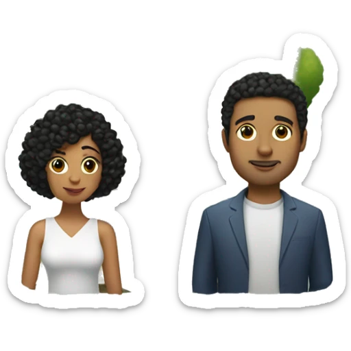 a small house with trees and a women with black short curly hair and a man golden skined and hair with a heart in the middle on top sticker