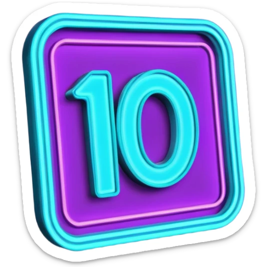 futuristic glowing neon “10/10” sign, purple and cyan glow, dark background sticker