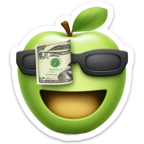 Apple-style emoji of a playful character winking, holding a dollar bill in one hand and the other hand on their hip. sticker