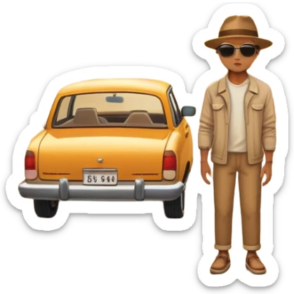 A parked car rests on the side of a long with a person outside , empty road stretching toward a golden sunset. The sky glows with warm colors, and the landscape ahead feels open, peaceful, and full of promise. sticker