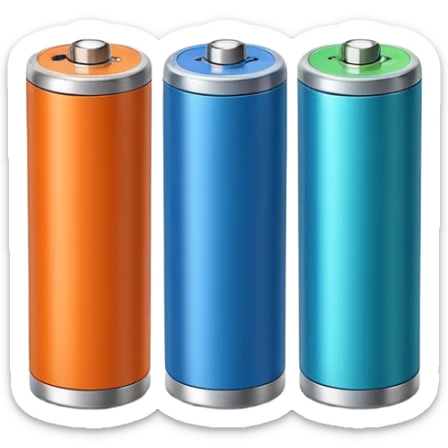 pair of cylindrical batteries with metallic tops and colored bands (orange, blue, or green) to indicate charge, positioned side by side or slightly angled, visible terminals, clean minimal design, no packaging, charger, or device, soft lighting, subtle shadows, emoji scale sticker