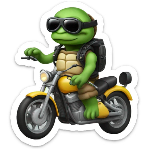 A cartton turttle on a motorbike with a jet helmet and glases, from the front sticker